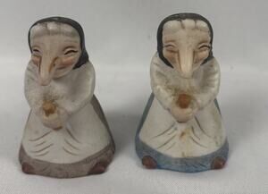 2 Porcelain Kitchen Witch babushka Salt Pepper Holder 80's